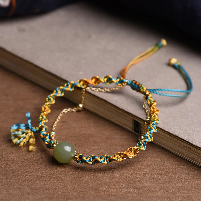 Wear FengShui Handmade Colorful Rope Luck Jade Bead Abundance Double Layer Bracelet
