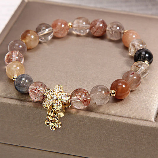 Wear FengShui Multicolored Rutilated Quartz Citrine Wealth Protection Flower Bracelet