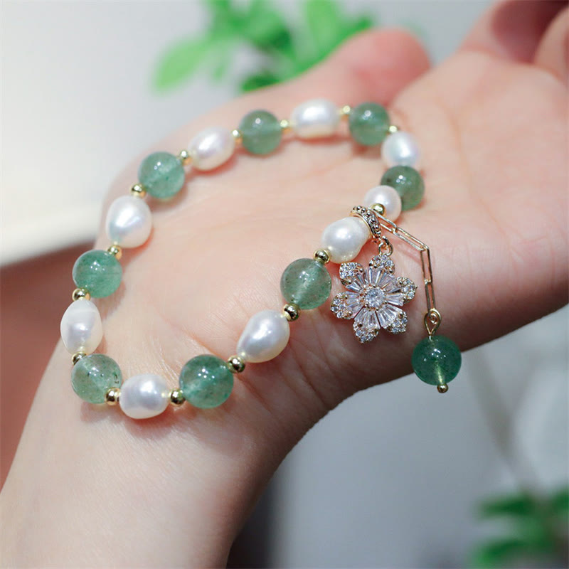 Wear FengShui Natural Green Strawberry Quartz Pearl Flower Charm Love Bracelet