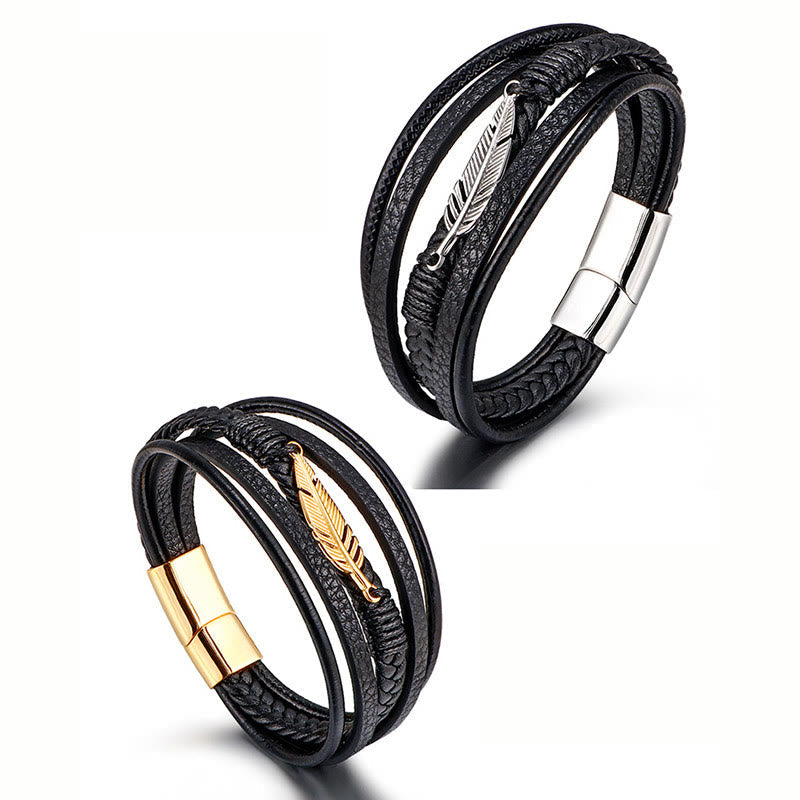 Wear FengShui Feather Pattern Multilayer Leather Titanium Steel Calm Braided Magnetic Buckle Bracelet