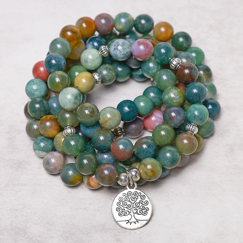 Wear FengShui 108 Mala Beads Indian Agate Lotus OM Buddha Tree of life Positive Calm Bracelet