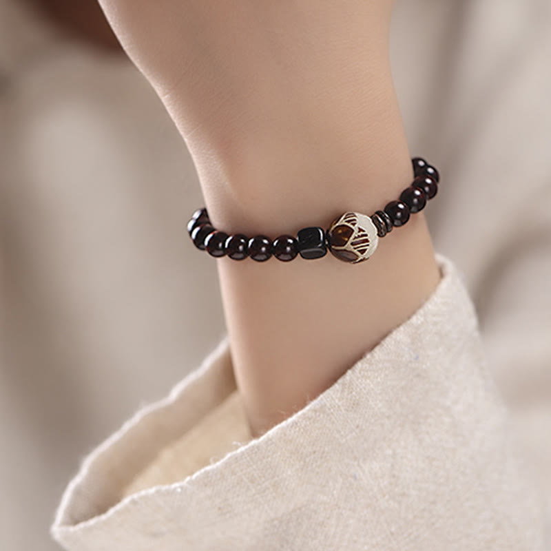 Wear FengShui Small Leaf Red Sandalwood Lotus Bodhi Seed Carved Protection Double Wrap Bracelet