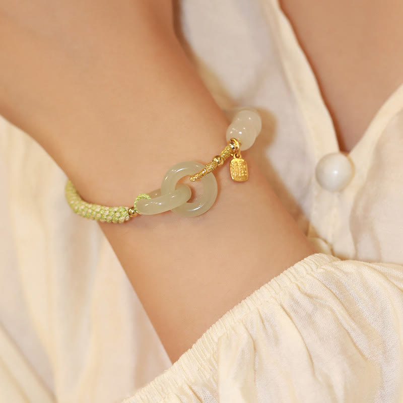 Wear FengShui Natural Hetian Jade Bead Double Peace Buckle Fu Character Abundance Braided Bracelet