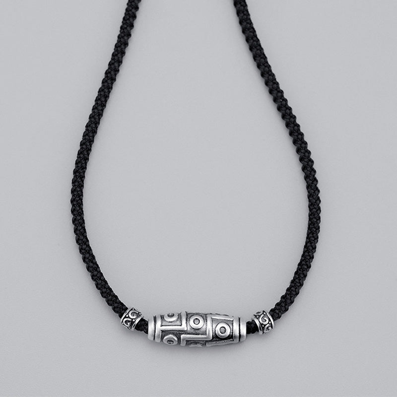 Wear FengShui 999 Sterling Silver Nine-Eye Dzi Bead Pattern Protection Rope Necklace Pendant