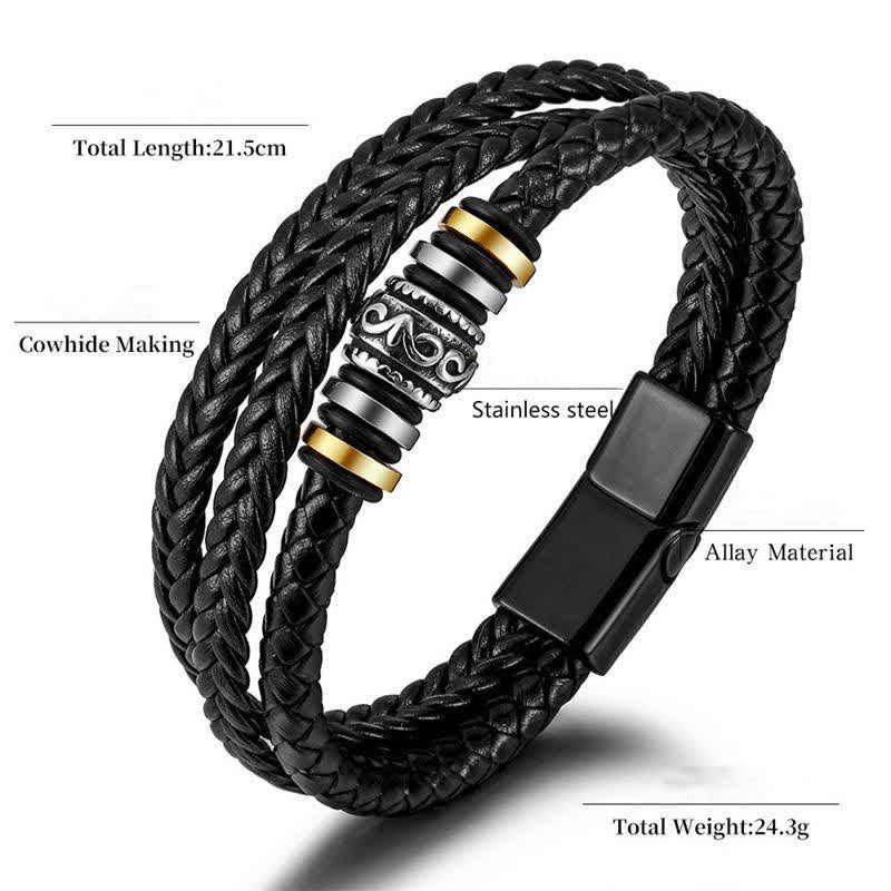 Wear FengShui Leather Layered Titanium Steel Balance Braided Bracelet