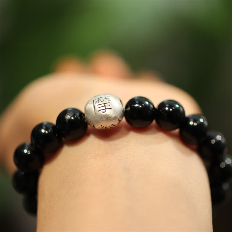 Wear FengShui 925 Sterling Silver Black Onyx Bead Character Engraved Protection Bracelet