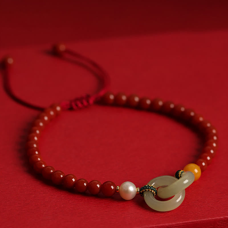 Wear FengShui Natural Red Agate Hetian Jade Double Peace Buckle Confidence Bracelet