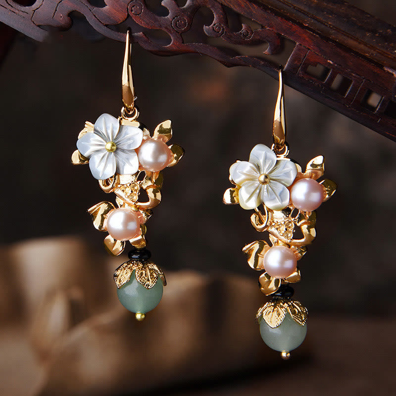 Wear FengShui 14K Gold Plated Tridacna Stone Flower Pearl Green Aventurine Bead Drop Earrings