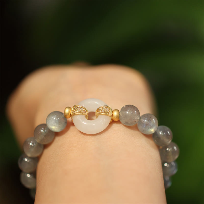 Wear FengShui Natural Moonstone Heitan Jade Peace Buckle Healing Bracelet