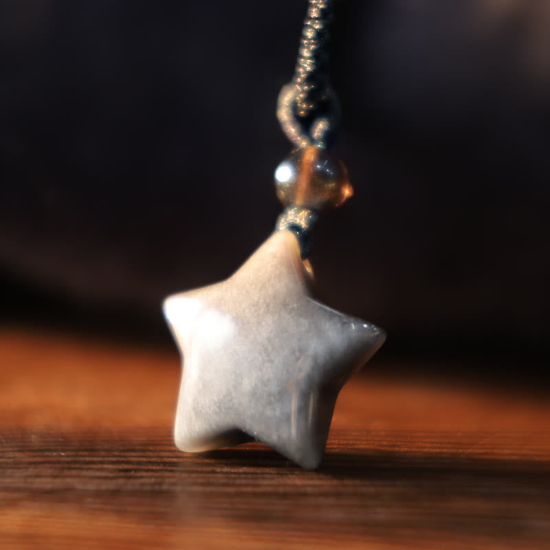 Wear FengShui Natural Silver Sheen Obsidian Star Crescent Moon Protection Necklace Pendant