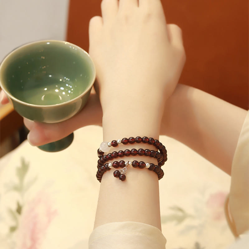 Wear FengShui 925 Sterling Silver Natural Garnet Cat Eye Protection Triple Wrap Bracelet