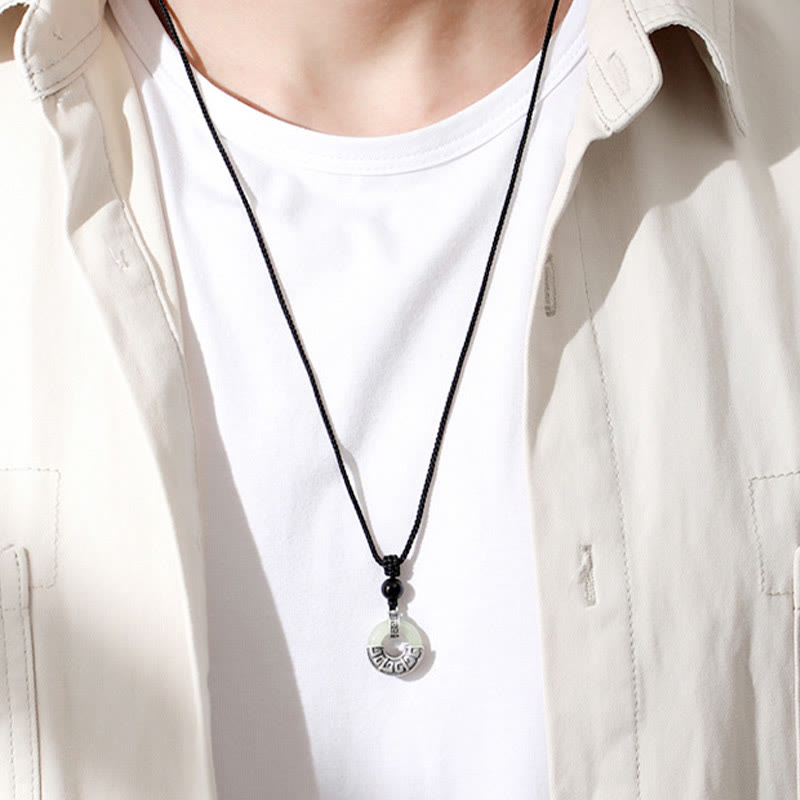 Wear FengShui 925 Sterling Silver Natural Hetian Jade Peace Buckle Prosperity Necklace Pendant