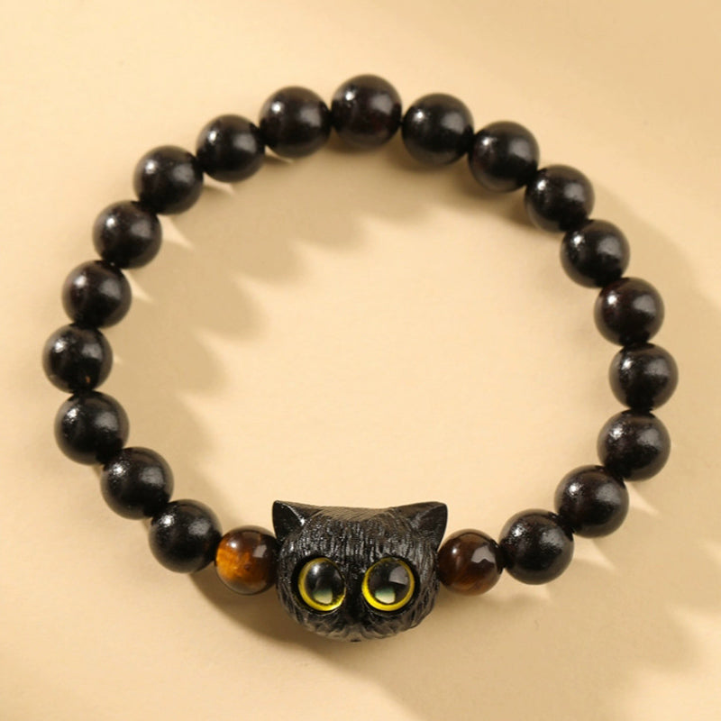 Wear FengShui Cute Ebony Wood Cat Head Pattern Peace Bracelet