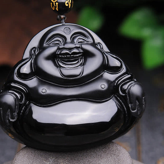 Wear FengShui Laughing Buddha Black Obsidian Transformation Pendant Necklace