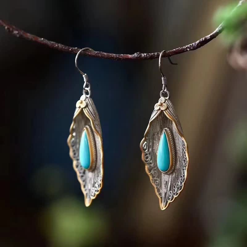 Wear FengShui 925 Sterling Silver Turquoise Bodhi Leaf Pattern Protection Drop Dangle Earrings