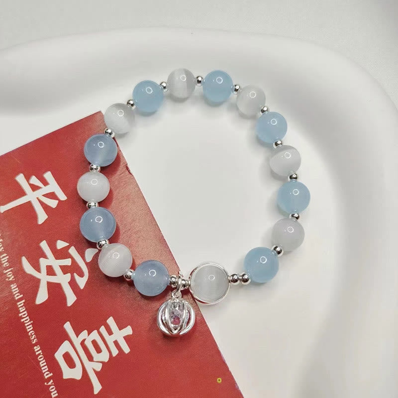 Wear FengShui 925 Sterling Silver Cat's Eye Aquamarine Support Charm Bracelet