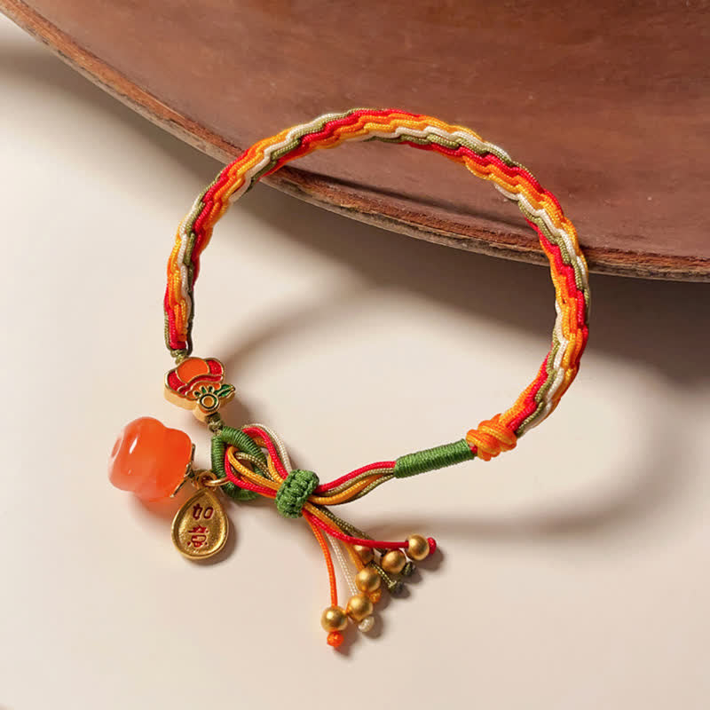 Wear FengShui Persimmon Red Agate Strength Reincarnation Knot Braid String Bracelet