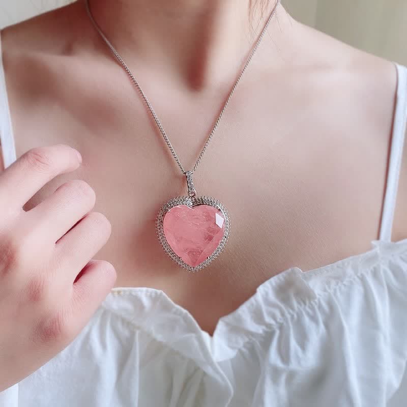 Wear FengShui Rose Quartz Crystal Love Heart Relationships Necklace Pendant