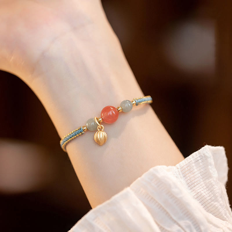 Wear FengShui Red Agate Jade Lotus Confidence Calm String Bracelet