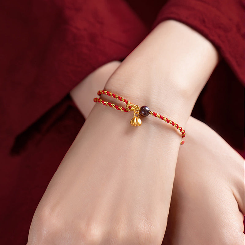 Wear FengShui Handcrafted Red Gold Rope Lotus Peace And Joy Charm Braid Bracelet