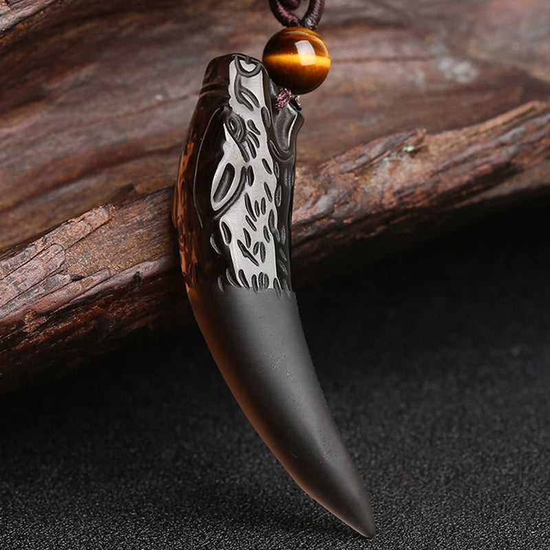 Wear FengShui Natural Ice Obsidian Wolf Tooth Pattern Courage Necklace Pendant
