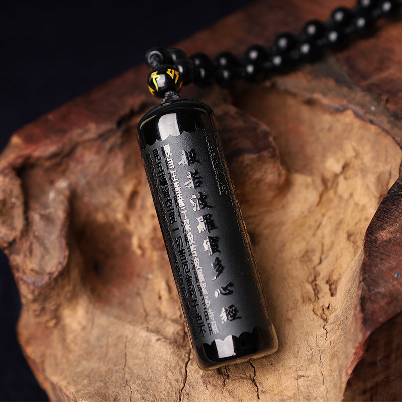 Wear FengShui Natural Black Obsidian Heart Sutra Purification Necklace Pendant