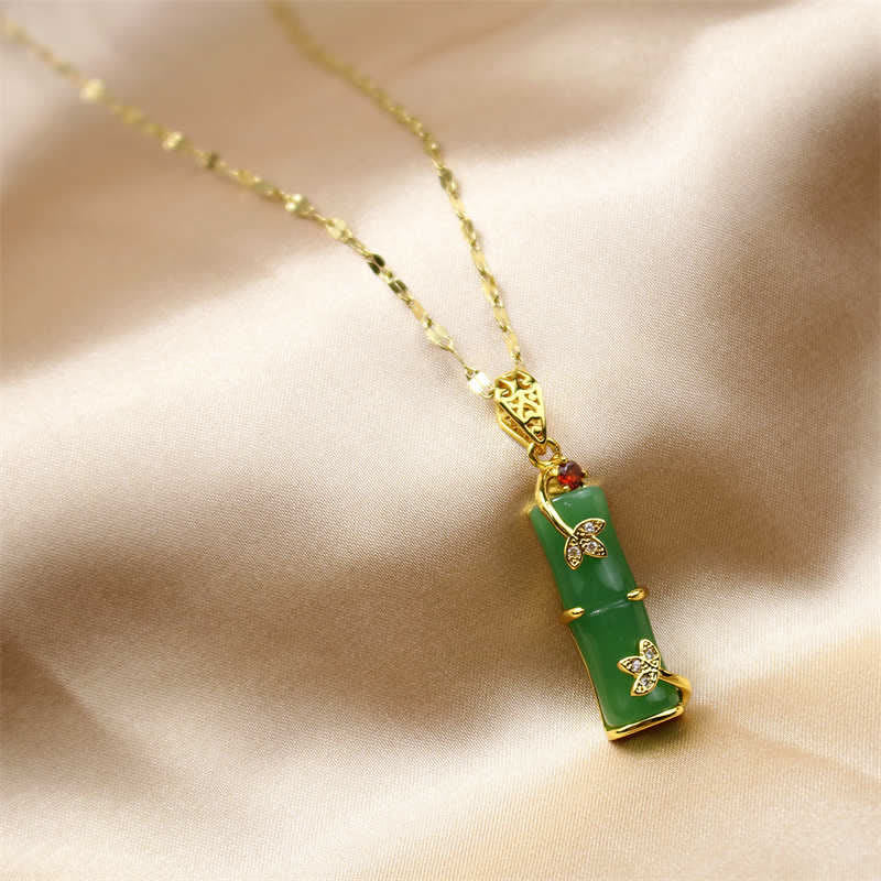 Wear FengShui White Jade Cyan Jade Bamboo Luck Protection Necklace Pendant