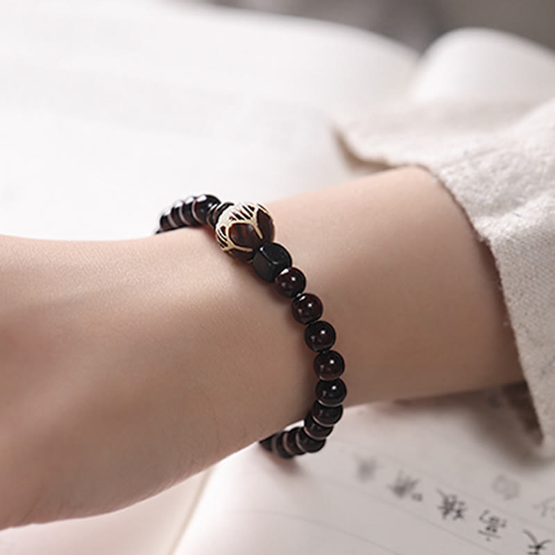 Wear FengShui Small Leaf Red Sandalwood Lotus Bodhi Seed Carved Protection Double Wrap Bracelet