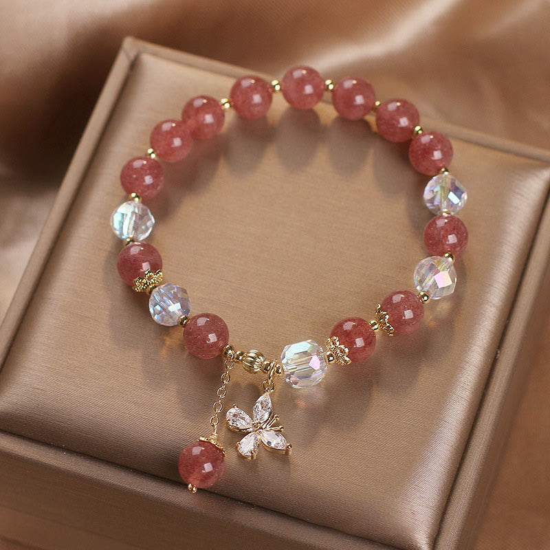 Wear FengShui Natural Strawberry Quartz Love Healing Butterfly Charm Bracelet