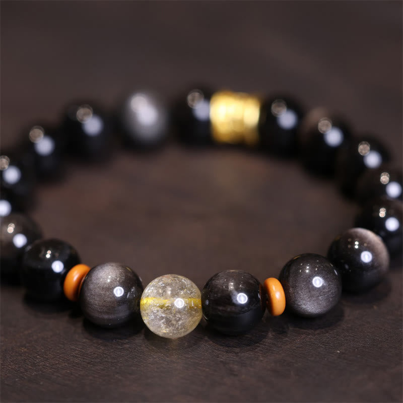 Wear FengShui Natural Silver Sheen Obsidian Crystal Om Mani Padme Hum Bead Protection Bracelet