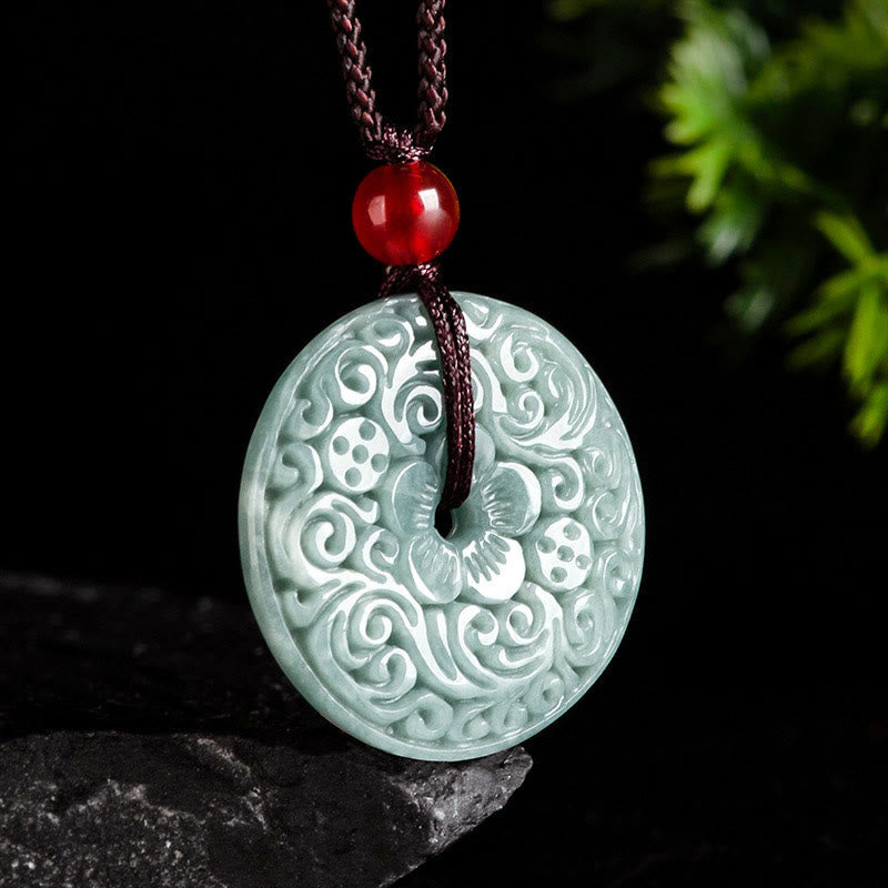 Wear FengShui Green Jade Flower Carved Peace Buckle Abundance Necklace Pendant