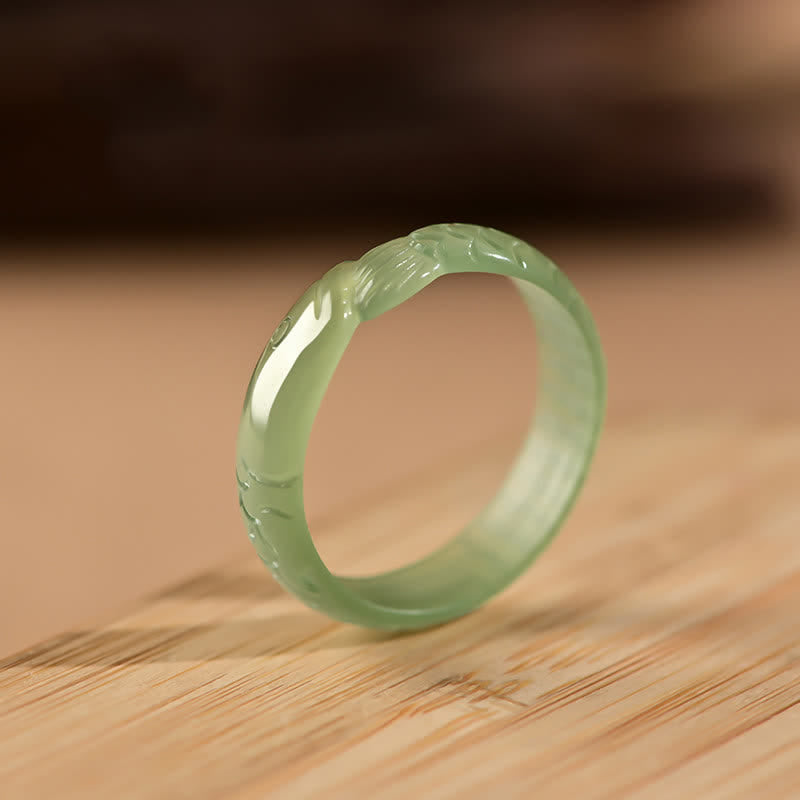 Wear FengShui Hetian White Jade Cyan Jade Koi Fish Success Luck Ring