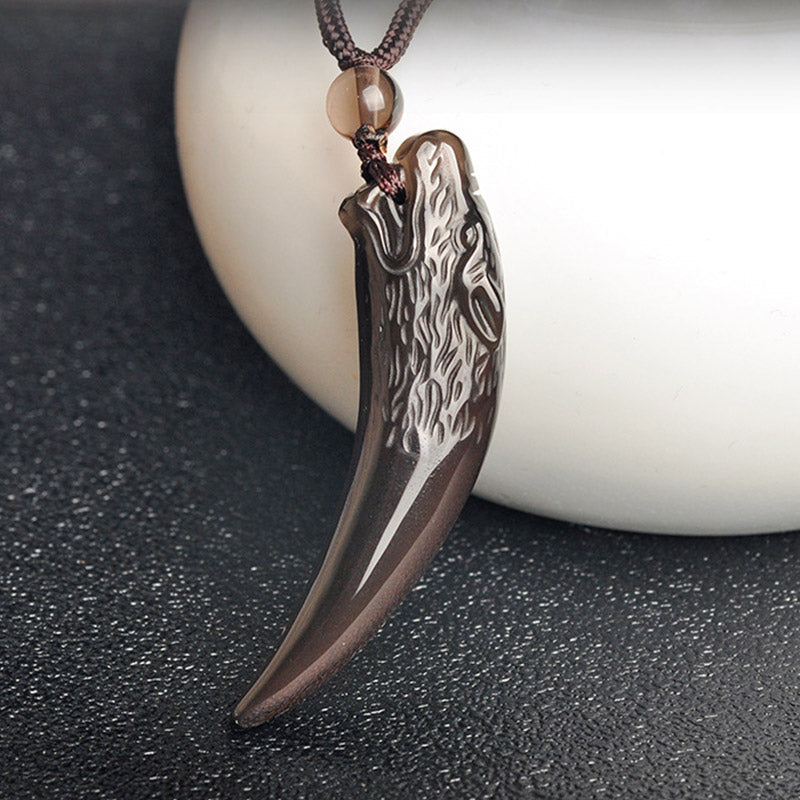 Wear FengShui Natural Black Obsidian Ice Obsidian Rainbow Obsidian Wolf Tooth Pattern Strength Necklace Pendant