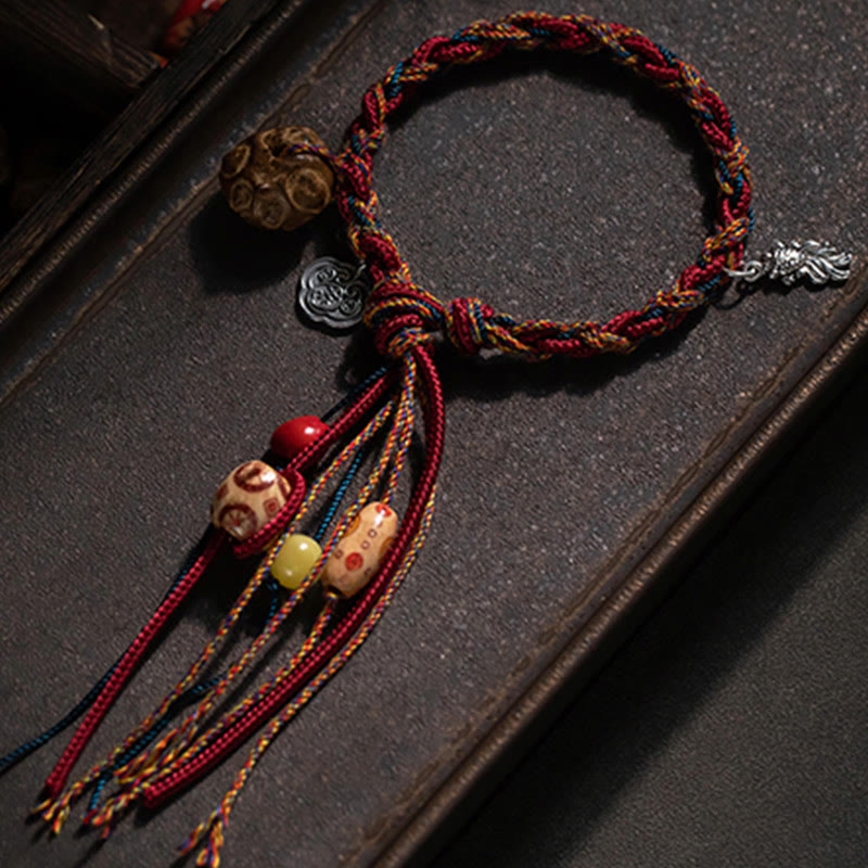 Wear FengShui Tibetan Handmade Colorful Thread 925 Sterling Silver Koi Fish Protection Strength String Bracelet