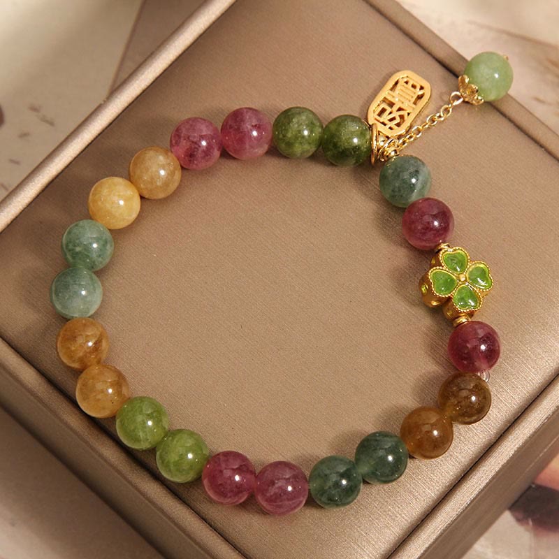 Wear FengShui Tourmaline Jade Colorful Four-leaf Clover Positive Bracelet
