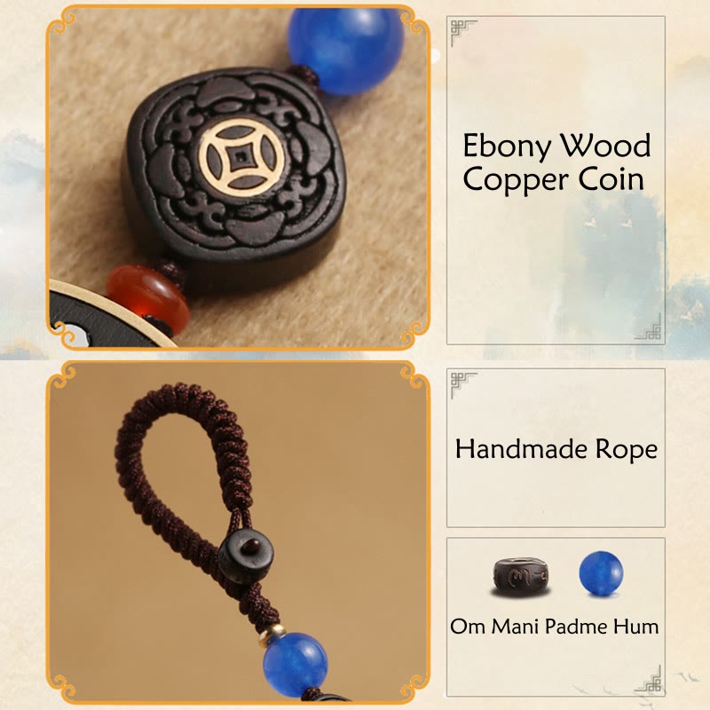 Wear FengShui PiXiu Copper Coin Ebony Wood Luck Attract Wealth Key Chain Decoration