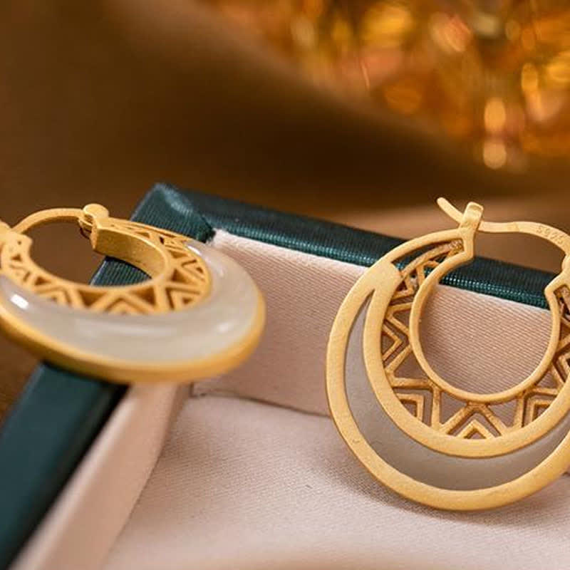 Wear FengShui Crescent Moon Jade Prosperity Drop Earrings