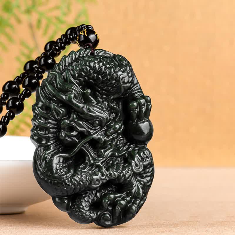 Wear FengShui Hetian Cyan Jade Dragon Success Harmony Necklace Beaded String Pendant