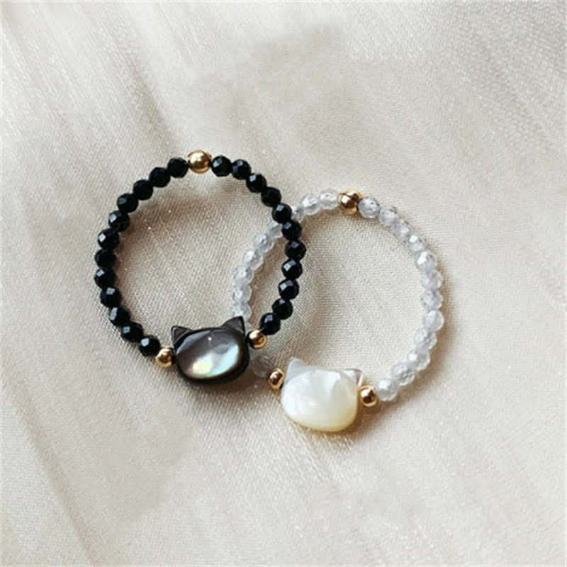 Wear FengShui Natural Tridacna Stone Lovely Cat 14K Gold Plated Blessing Ring