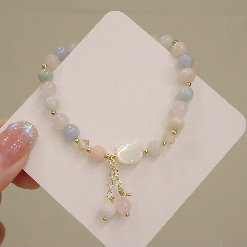 Wear FengShui Natural Strawberry Quartz Morganite Tridacna Stone Cat Love Bracelet