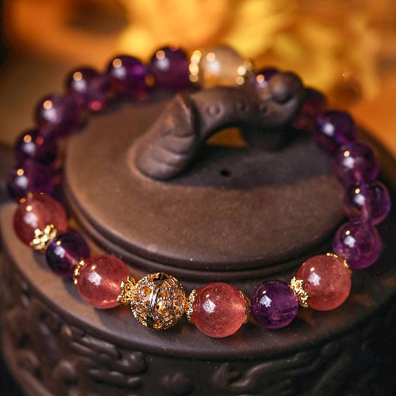 Wear FengShui Natural Citrine Amethyst Rutilated Quartz Prosperity Protection Bracelet