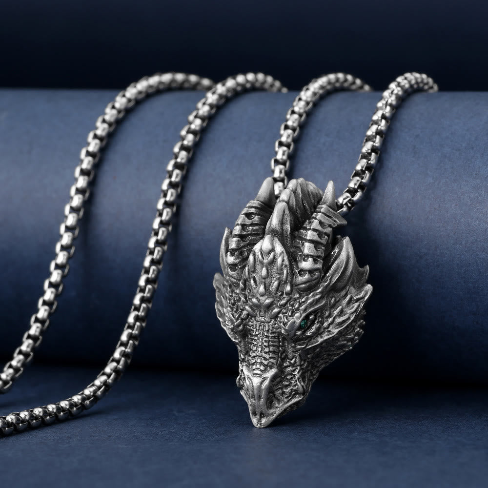 Wear FengShui Pure Tin Dragon Head Luck Protection Metal Necklace Pendant