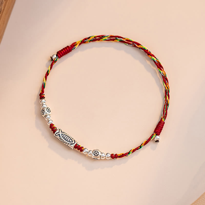 Wear FengShui 925 Sterling Silver Luck Koi Fish Braided Colorful String Bracelet Anklet
