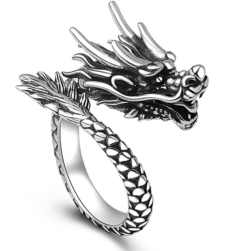 Wear FengShui 990 Sterling Silver Vintage Dragon Design Luck Protection Strength Adjustable Ring