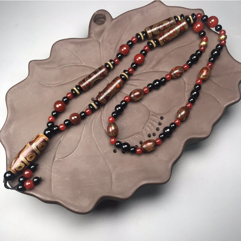 Wear FengShui Nine-Eye Dzi Bead Red Agate Wealth Health Necklace