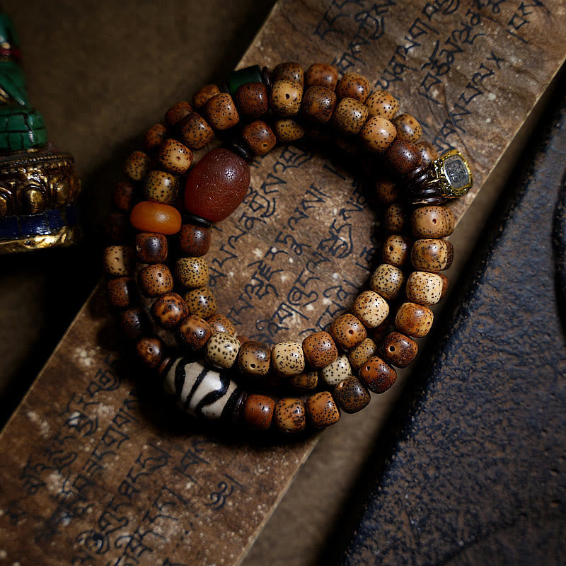 Wear FengShui Tibetan Bodhi Seed Amber Dzi Bead Agate Zakiram Goddess of Wealth Beads Triple Wrap Bracelet