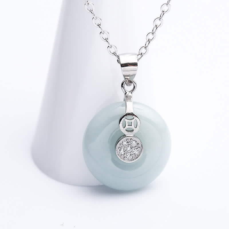 Wear FengShui 925 Sterling Silver Peace Buckle Jade Coin Luck Necklace Pendant