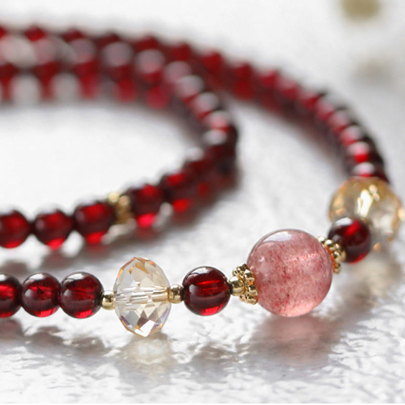 Wear FengShui 14K Gold Plated Natural Garnet Strawberry Quartz Stability Double Wrap Bracelet