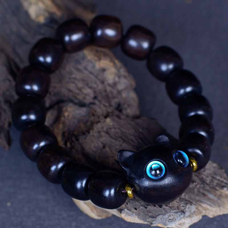 Wear FengShui Ebony Wood Liuli Glass Lovely Cat Peace Balance Bracelet
