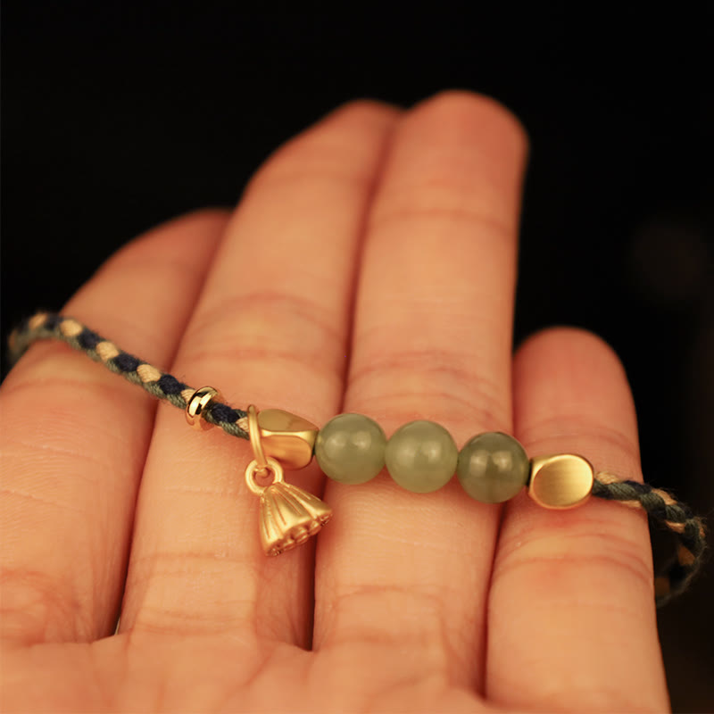 Wear FengShui Handcrafted Hetian Jade Lotus Charm Luck Braided Bracelet